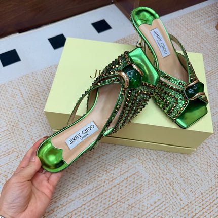 JIMMY CHOO 26S HEEL SANDALS 65 MM IN GREEN METALLIC LEATHER CRYSTAL EMBELLISHED