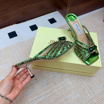 JIMMY CHOO 26S HEEL SANDALS 65 MM IN GREEN METALLIC LEATHER CRYSTAL EMBELLISHED