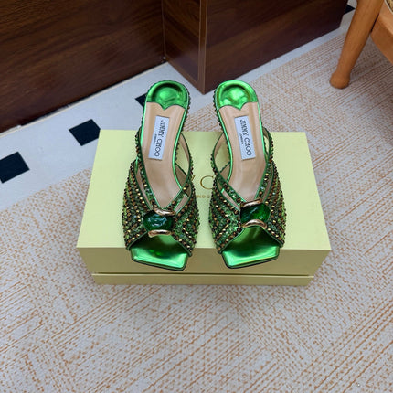 JIMMY CHOO 26S HEEL SANDALS 65 MM IN GREEN METALLIC LEATHER CRYSTAL EMBELLISHED