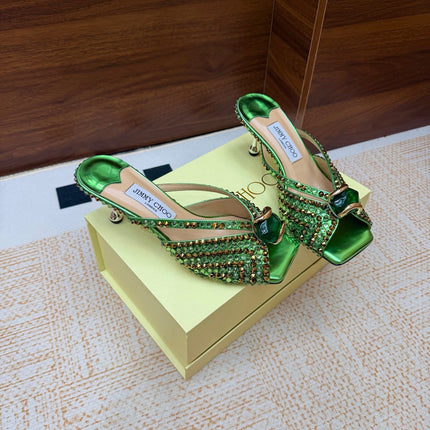 JIMMY CHOO 26S HEEL SANDALS 65 MM IN GREEN METALLIC LEATHER CRYSTAL EMBELLISHED