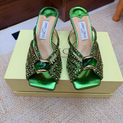 JIMMY CHOO 26S HEEL SANDALS 65 MM IN GREEN METALLIC LEATHER CRYSTAL EMBELLISHED