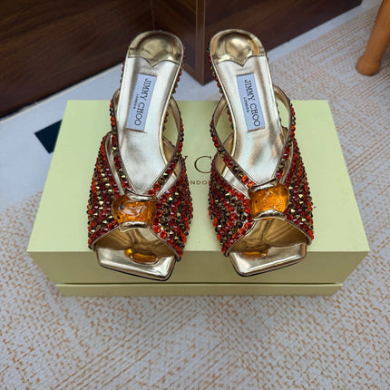 JIMMY CHOO 26S HEEL SANDALS 65 MM IN GOLD METALLIC LEATHER CRYSTAL EMBELLISHED