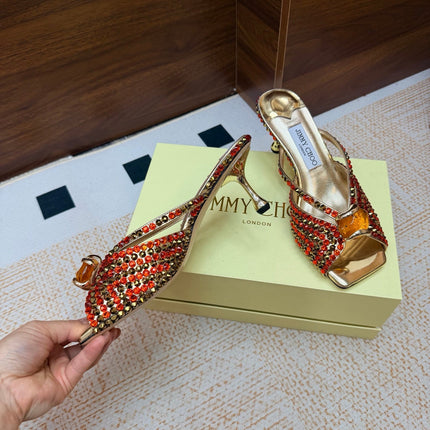 JIMMY CHOO 26S HEEL SANDALS 65 MM IN GOLD METALLIC LEATHER CRYSTAL EMBELLISHED
