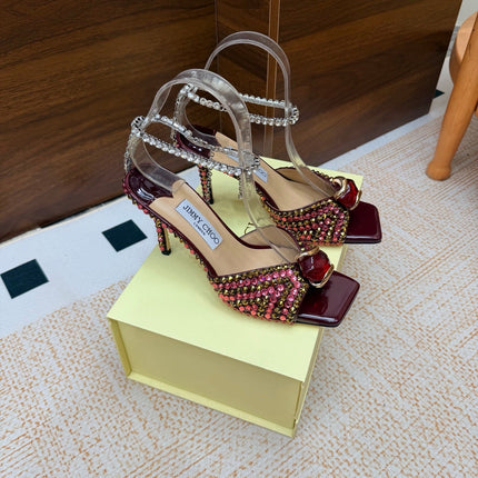 JIMMY CHOO 26S HEEL SANDALS 85 MM IN DARK RED LEATHER CRYSTAL EMBELLISHED