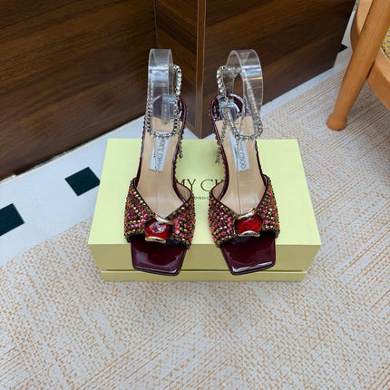 JIMMY CHOO 26S HEEL SANDALS 85 MM IN DARK RED LEATHER CRYSTAL EMBELLISHED
