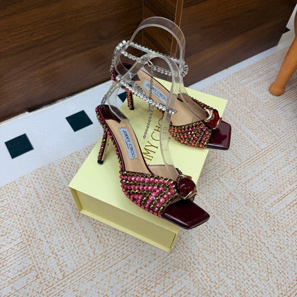 JIMMY CHOO 26S HEEL SANDALS 85 MM IN DARK RED LEATHER CRYSTAL EMBELLISHED