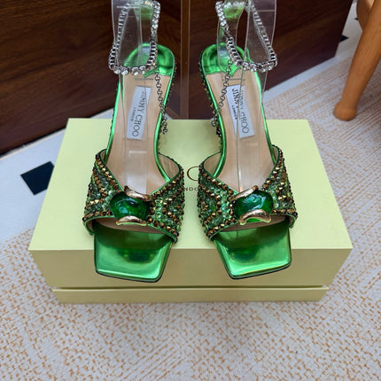 JIMMY CHOO 26S HEEL SANDALS 85 MM IN GREEN METALLIC LEATHER CRYSTAL EMBELLISHED