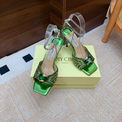 JIMMY CHOO 26S HEEL SANDALS 85 MM IN GREEN METALLIC LEATHER CRYSTAL EMBELLISHED
