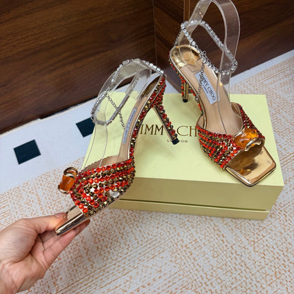 JIMMY CHOO 26S HEEL SANDALS 85 MM IN GOLD METALLIC LEATHER CRYSTAL EMBELLISHED