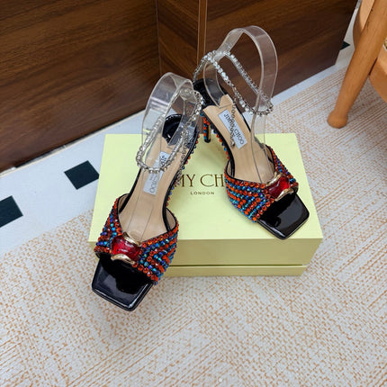 JIMMY CHOO 26S HEEL SANDALS 85 MM IN BLACK LEATHER CRYSTAL EMBELLISHED