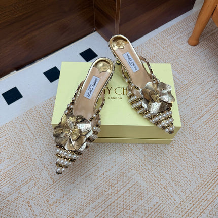 JIMMY CHOO 26S HEEL SANDALS 65 MM IN GOLD STUDS AND PEARL EMBELLISHED