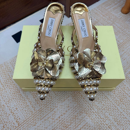 JIMMY CHOO 26S HEEL SANDALS 65 MM IN GOLD STUDS AND PEARL EMBELLISHED