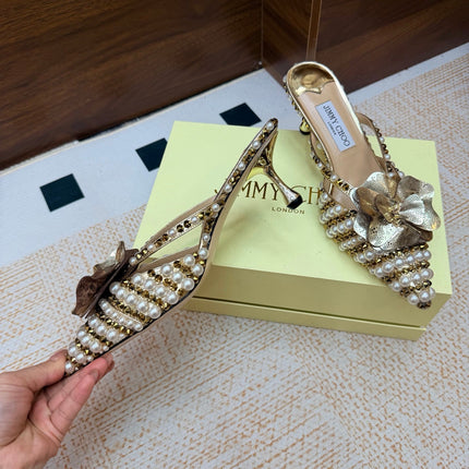 JIMMY CHOO 26S HEEL SANDALS 65 MM IN GOLD STUDS AND PEARL EMBELLISHED
