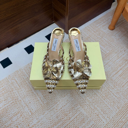 JIMMY CHOO 26S HEEL SANDALS 65 MM IN GOLD STUDS AND PEARL EMBELLISHED