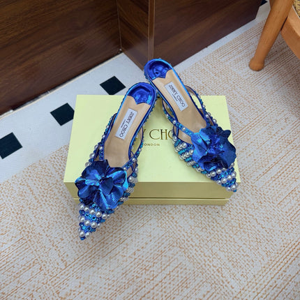JIMMY CHOO 26S HEEL SANDALS 65 MM IN BLUE CRYSTAL AND PEARL EMBELLISHED