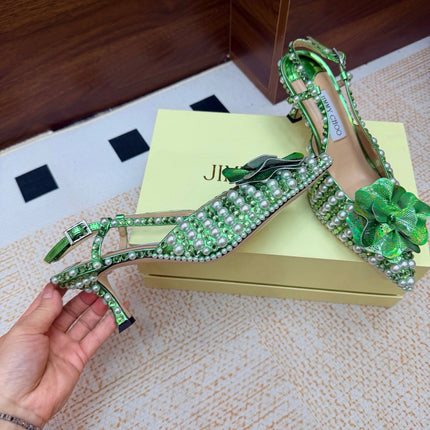 JIMMY CHOO 26S SLINGBACK PUMPS 65 MM IN GREEN CRYSTAL AND PEARL EMBELLISHED