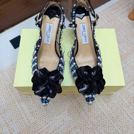 JIMMY CHOO 26S SLINGBACK PUMPS 65 MM IN BLACK CRYSTAL AND PEARL EMBELLISHED