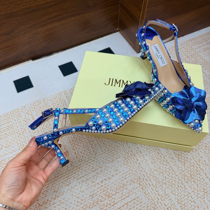 JIMMY CHOO 26S SLINGBACK PUMPS 65 MM IN BLUE CRYSTAL AND PEARL EMBELLISHED
