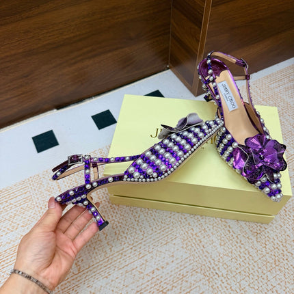JIMMY CHOO 26S SLINGBACK PUMPS 65 MM IN PURPLE CRYSTAL AND PEARL EMBELLISHED