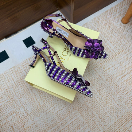 JIMMY CHOO 26S SLINGBACK PUMPS 65 MM IN PURPLE CRYSTAL AND PEARL EMBELLISHED