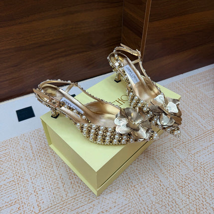 JIMMY CHOO 26S SLINGBACK PUMPS 65 MM IN GOLD STUDS AND PEARL EMBELLISHED