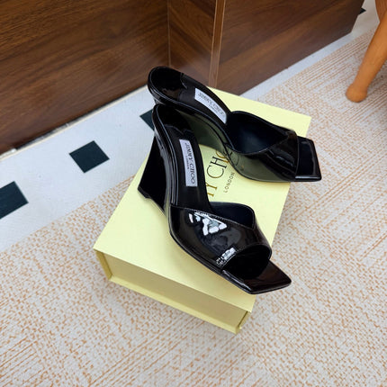 JIMMY CHOO 26S WEDGE SANDALS 95 MM IN BLACK PATENT CALFSKIN