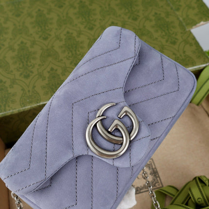 GUCCI 26S GG MARMONT MINI SHOULDER BAG 16 IN LIGHT GREY SUEDE