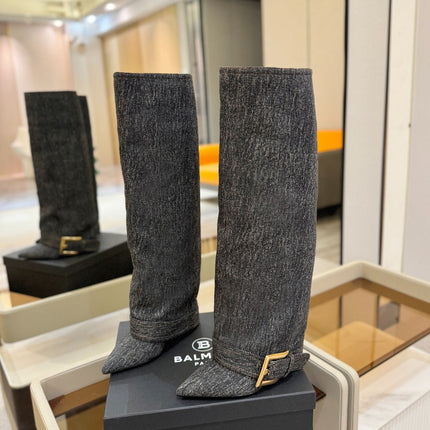 BALMAIN 26S KNEE-HIGH BOOTS 100 MM IN DARK GREY FABRIC