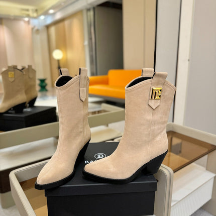 BALMAIN 26S COWBOY ANKLE BOOTS 65 MM IN BEIGE SUEDE