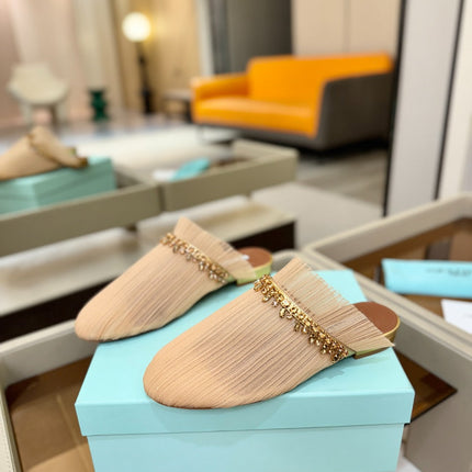 AQUAZZURA 26S FLAT MULES IN BEIGE MESH CRYSTAL EMBELLISHMENTS