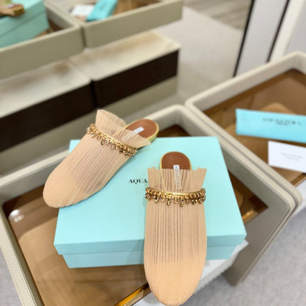 AQUAZZURA 26S FLAT MULES IN BEIGE MESH CRYSTAL EMBELLISHMENTS