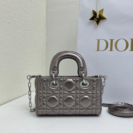 DIOR 26S LADY D-JOY MICRO BAG 16 IN METALLIC GUNMETAL GRAY CALFSKIN SILVER HARDWARE