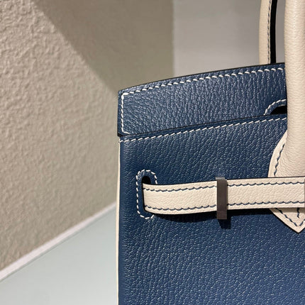 HM 25S BIRKIN 25 CM IN MIDNIGHT BLUE AND CREAM WHITE LAMBSKIN WITH SILVER HARDWARE