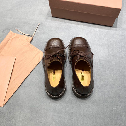 MIUMIU 26S LACE-UP LOAFERS IN CHOCOLATE BROWN GRAINED CALFSKIN