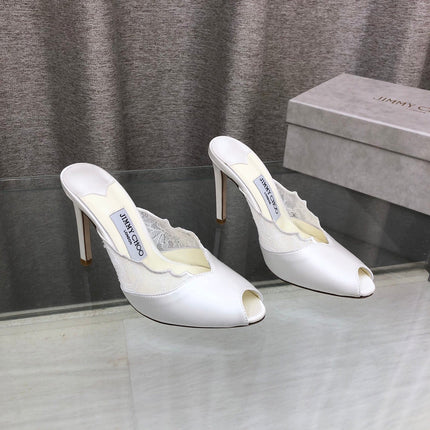 JIMMY CHOO 26S OPEN TOE HEEL MULES 100 MM IN OFF WHITE LACE MIX SATIN