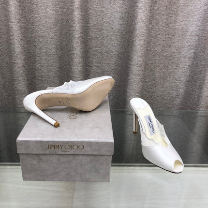 JIMMY CHOO 26S OPEN TOE HEEL MULES 100 MM IN OFF WHITE LACE MIX SATIN