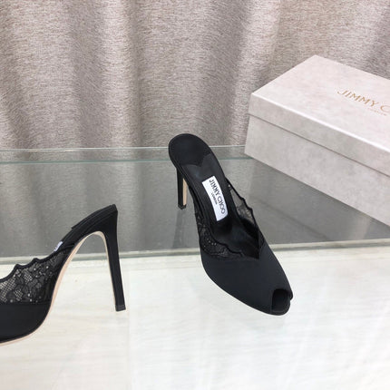 JIMMY CHOO 26S OPEN TOE HEEL MULES 100 MM IN BLACK LACE MIX SATIN