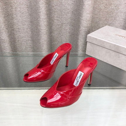 JIMMY CHOO 26S OPEN TOE HEEL MULES 100 MM IN RED GLOSSY CALFSKIN