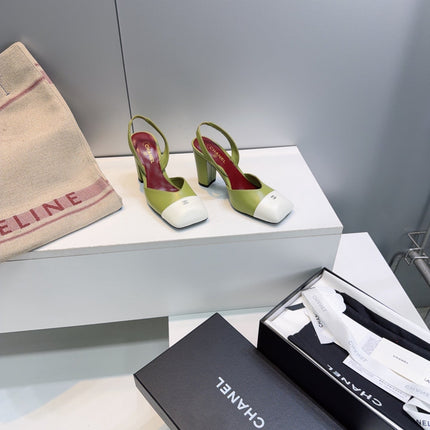 CHANEL 26S SLINGBACK 95 MM IN GREEN LAMBSKIN WITH WHITE CAP TOE