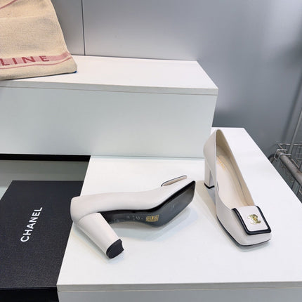 CHANEL 26S SQUARE-TOE HIGH HEELS 95 MM IN WHITE LAMBSKIN