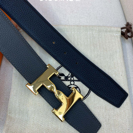 HM H BELT BUCKLE & REVERSIBLE BLACK LEATHER STRAP 38MM GOLD HARDWARE