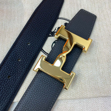 HM H BELT BUCKLE & REVERSIBLE BLACK LEATHER STRAP 38MM GOLD HARDWARE