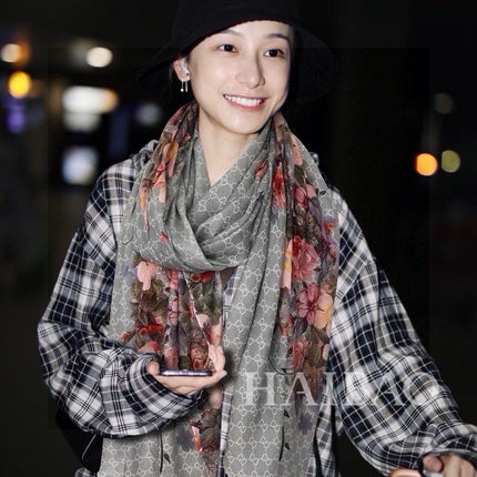 SCARF 200 CM IN DOVE GRAY CASHMERE WITH COLORFUL FLOWER 405255