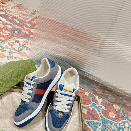 GUCCI 26S SCREENER SNEAKER IN GREY AND BLUE LEATHER