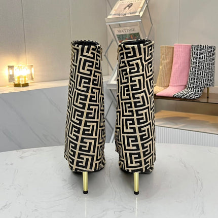 BALMAIN 26S MONOGRAM BOOTS 105 MM IN BLACK AND BEIGE JACQUARD-WOVEN CANVAS