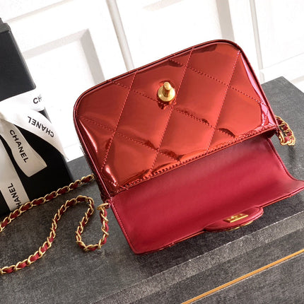 CHANEL 26S TOP HANDLE BAG 18 IN METALLIC RED QUILTED PATENT LEATHER