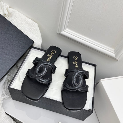 CHANEL CC LOGO MULES IN BLACK CALFSKIN