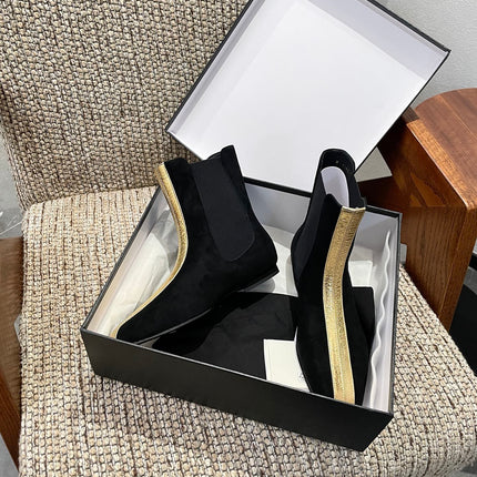 CHANEL 26S ANKLE BOOTS IN BLACK SUEDE WITH CONTRASTING GOLD TONE TRIM