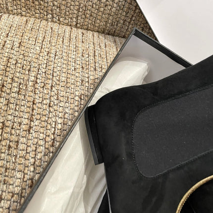 CHANEL 26S ANKLE BOOTS IN BLACK SUEDE WITH CONTRASTING GOLD TONE TRIM