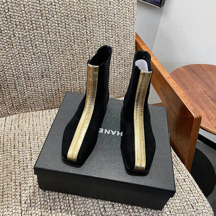 CHANEL 26S ANKLE BOOTS IN BLACK SUEDE WITH CONTRASTING GOLD TONE TRIM
